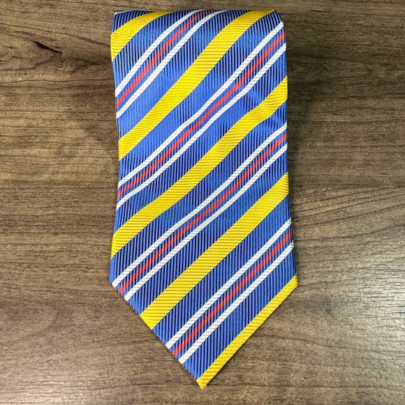 Giorgio Armani Striped 100% Silk Handmade Necktie Blue White Yellow Red 58.75”